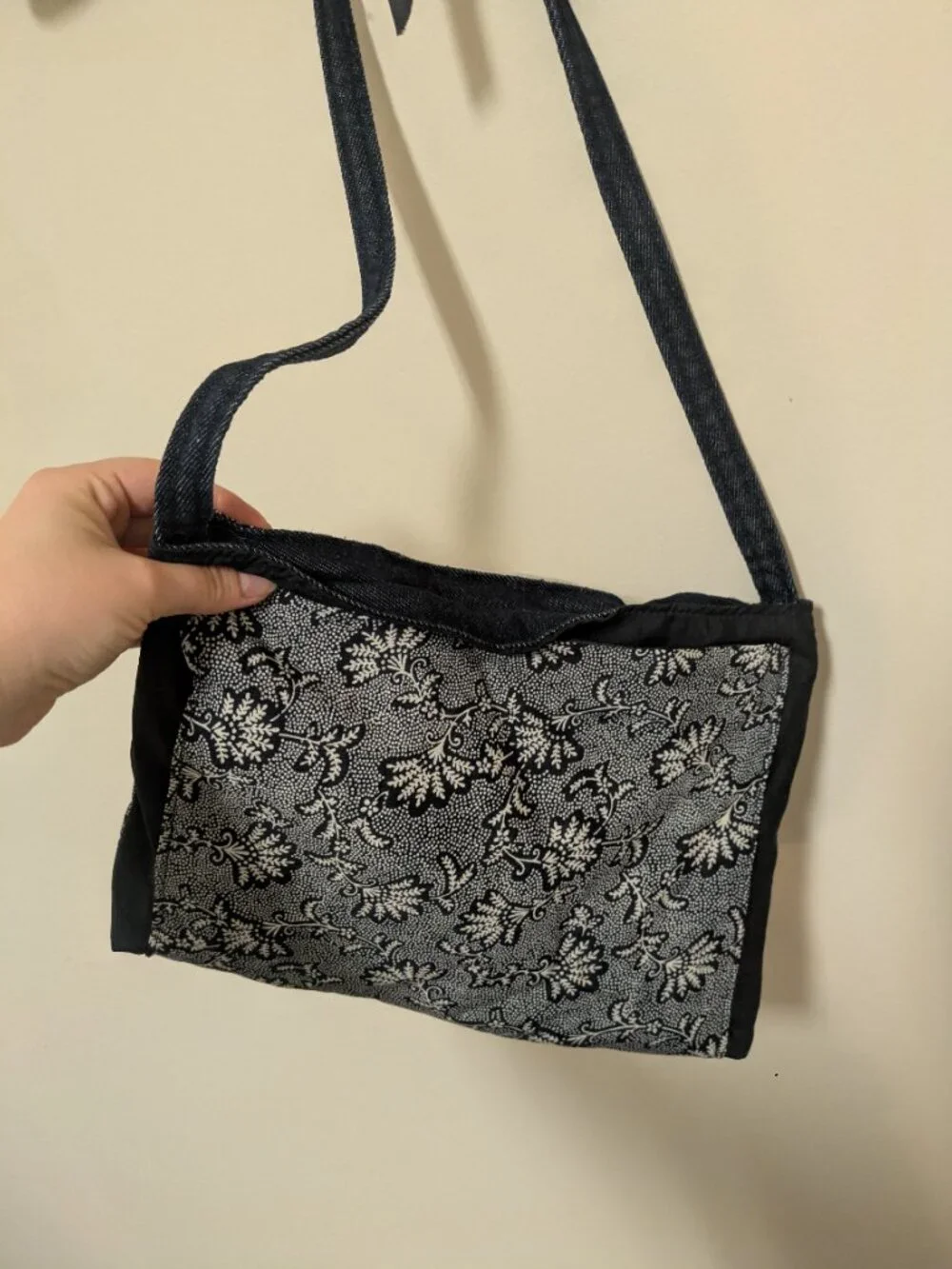 handmade crossbody fabric purse bag navy blue tan